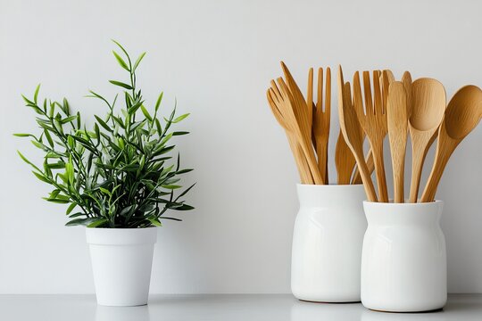In a minimalist kitchen setting, a display featuring a potted fresh green herb plant and wooden cooking utensils promotes sustainable home cooking and a natural approach to culinary arts