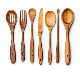 On a white background, there is a set of three kitchen utensils made from wood