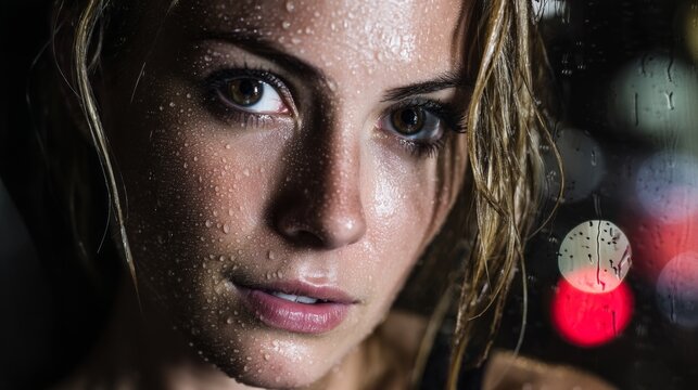 Close-up of a young woman with wet hair and water droplets on her face, looking directly at the camera with a blurred colorful background