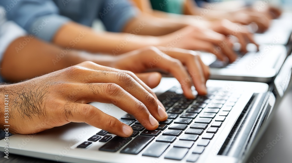 Aufkleber close-up of hands typing on a laptop keyboard in a collaborative work environment