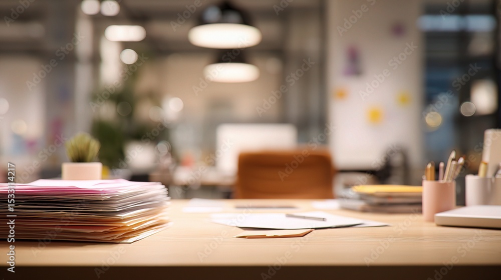 Aufkleber blurred workspace with documents on desk in modern office setting
