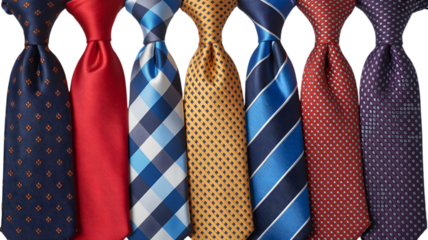 A colorful assortment of patterned ties displayed neatly in a row for a formal occasion wear collection