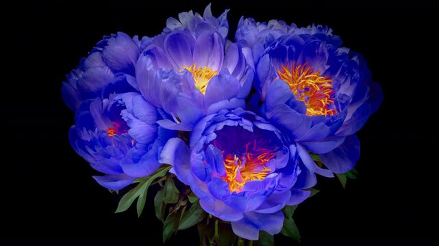 Time lapse of beautiful blue peony flowers bouquet blooming on black background Wedding backdrop, Valentine's Day concept.