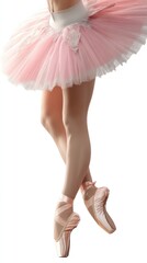 Elegant legs of a ballerina in pink tutu captured in stunning detail against a bright white backdrop