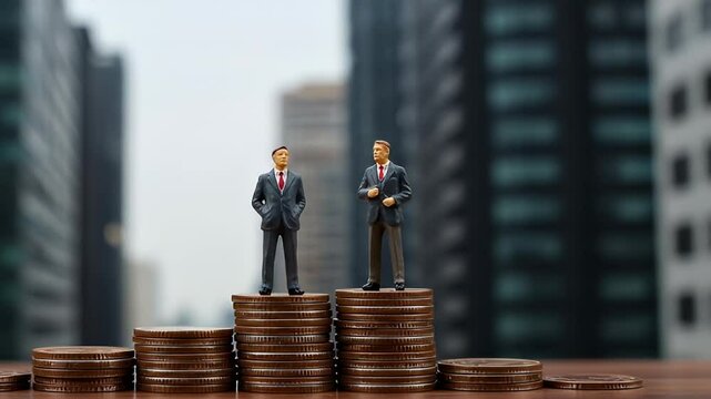 Miniature Businessmen Standing on Stacks of Coins Against a Cityscape Background Representing Financial Growth and Success