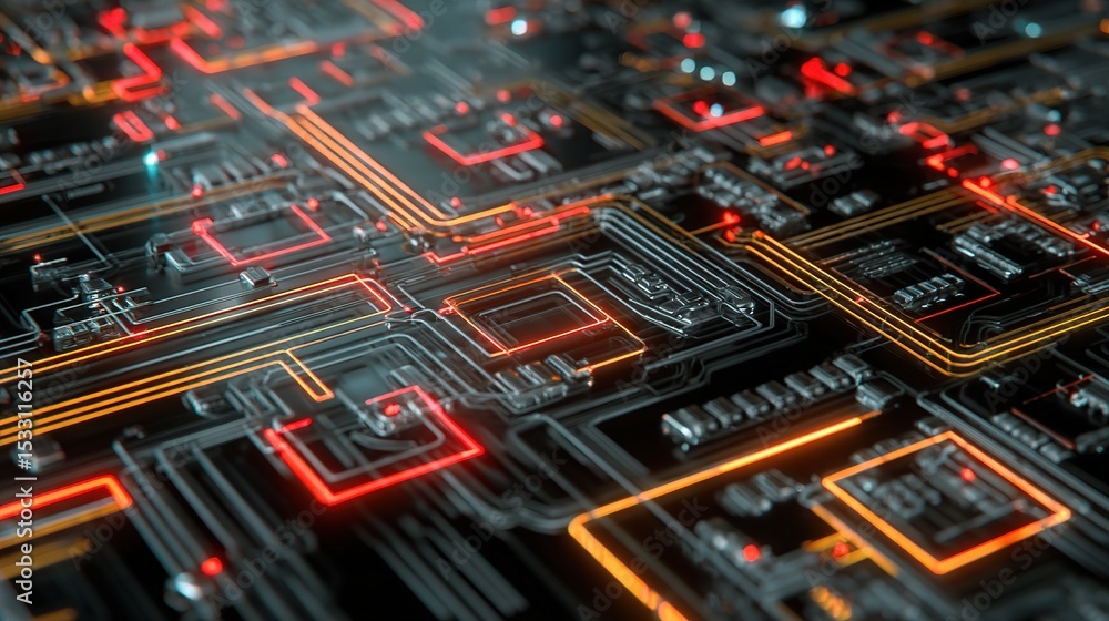Poster abstract circuit design with neon glow in futuristic style