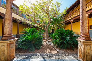 Interior courtyard garden of the 17th century Casa de los Capitanes Generales in San Cristóbal de La Laguna, Tenerife, Spain, Canary Islands.