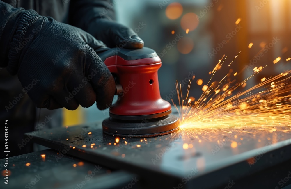 Poster man using metal polishing tool sparks. close-up of hands in black protective gloves. worker at facto
