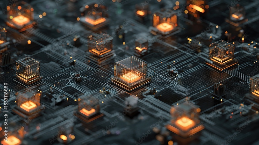 Poster techno inspired circuit map with glowing processing elements