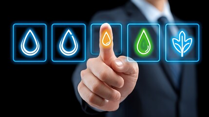 Human hand touches a glowing water drop icon on a sleek digital interface, symbolizing mindful choices for environmental sustainability and crucial water conservation efforts