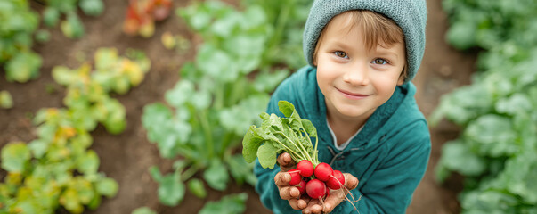 Cute boy holding a bunch of fresh radishes in vegetable garden. Concept of gardening and sustainable lifestyle.