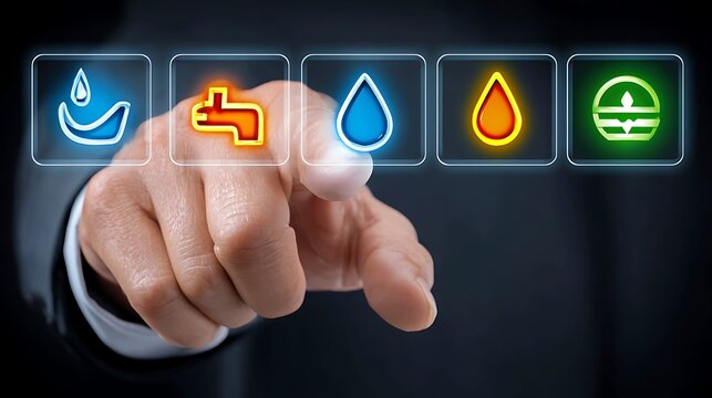 Digital interface with glowing icons for water, energy, and environment, touched by a hand, representing smart resource management and sustainable conservation