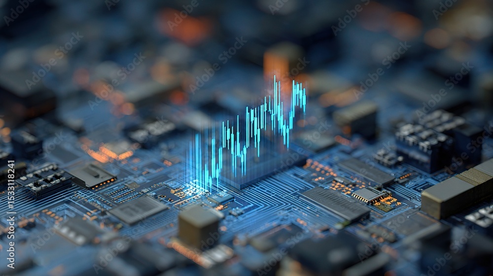 Poster isometric render of suspended stock chart over circuit board design