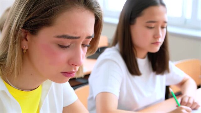 Students studying diligently during standardized test, seated across classroom, displaying focused concentration while completing academic evaluation at shared desks