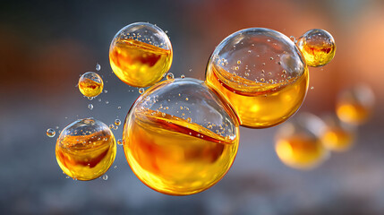 Golden liquid spheres suspended in space