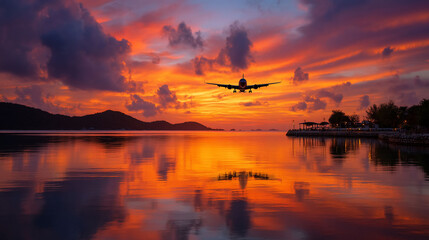 Plane descends towards a fiery sunset