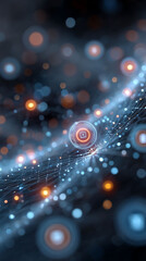 Networked data points converge glowing softly