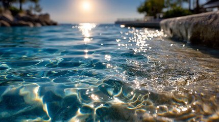 Sparkling sunlit water meets the shore