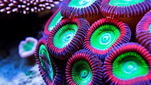 Vivid zoanthid corals, cluster of colorful polyps, vibrant greens, blues and reds, underwater reef life, exotic sea organisms