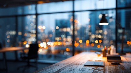 Obraz premium Blurred Evening Office Workspace with Cityscape View Overhead
