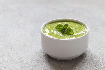 Pea and mint soup puree. Close up