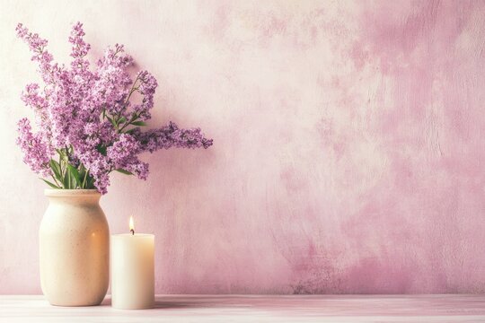 Lilac bouquet in a white vase with a lit candle on a pink background. Minimalist spring decor, copy space on the left. Perfect for Mother's Day, March 8th, spa themes or greeting cards.