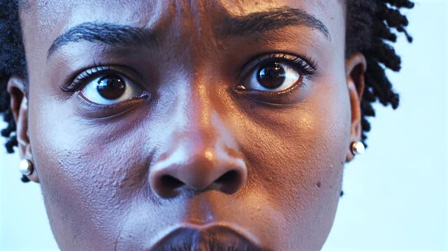 Intense facial close up revealing raw emotional vulnerability, piercing gaze and deeply creased forehead signaling profound psychological tension against minimalist white setting