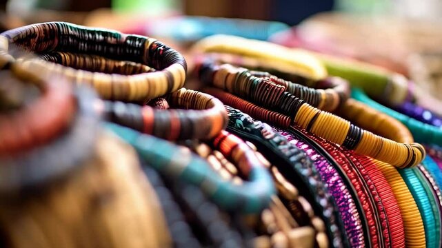Close-up captures rows of colorful handmade bracelets and jewelry crafted from wood, beads, and string at a craft market.