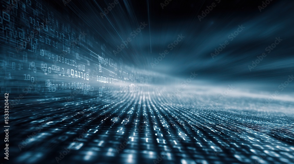 Poster blue toned background with streaming binary code for technology themes