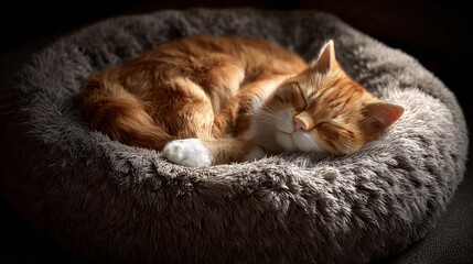 Cozy orange cat sleeping peacefully in a soft bed at home