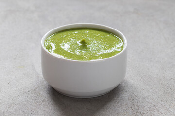 Vegan Pea and mint soup puree. Close up