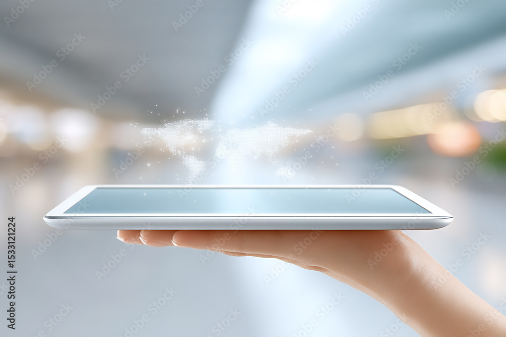 Poster a concept photograph depicting a person in an airport using an ar application on a transparent table