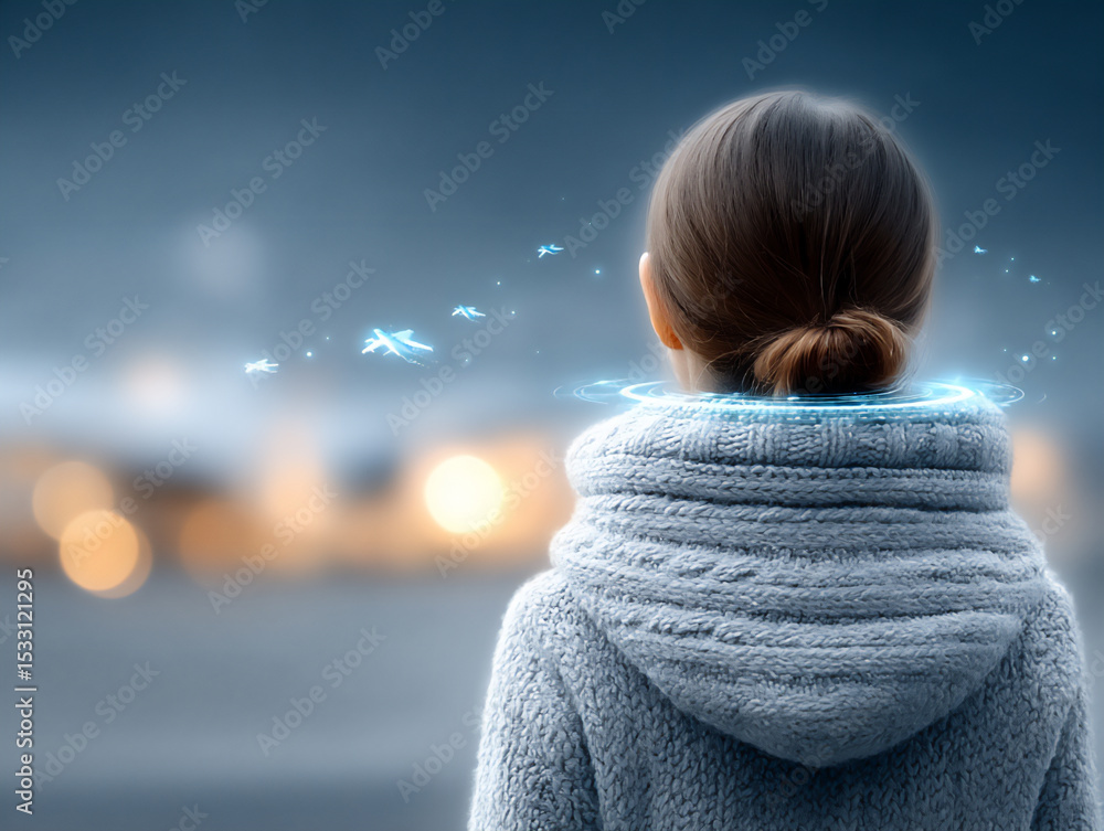 Poster a concept photograph illustrating a person in an airport using an ar interface to access real-time f