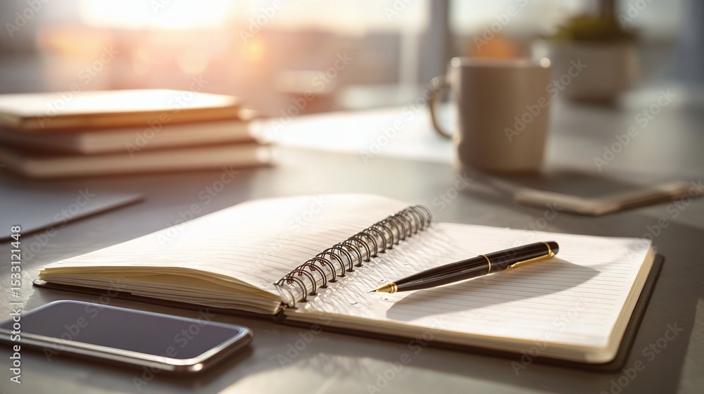 Poster bright desk scene with open notebook and pen in soft light