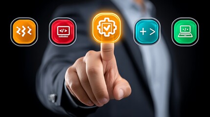 Fototapeta premium Digital Transformation A Finger Touches a Glowing Icon Amidst Software Symbols