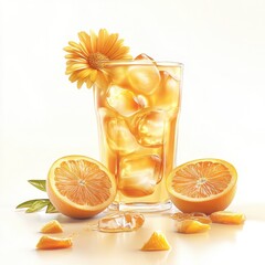 Iced tea in tall glass with ice cubes, garnished with orange slices and a yellow daisy, sits on a white background