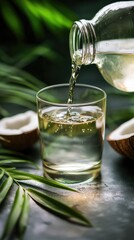 Coconut water pouring from bottle into glass, near halved coconuts and palm fronds on dark surface