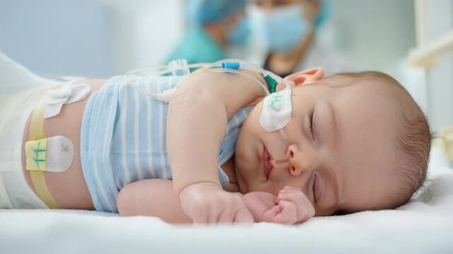 Newborn sleeping with medical sensors in hospital setting, neonatal care or pediatric monitoring situation