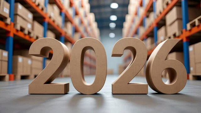 Large 2026 numbers standing on warehouse floor with shelves and cardboard boxes in background, logistics or business concept