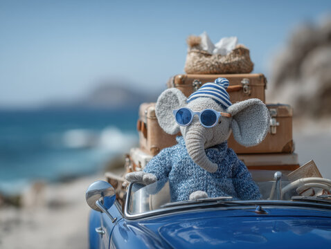 Elephant driving convertible along the coastal road summer vacation mode