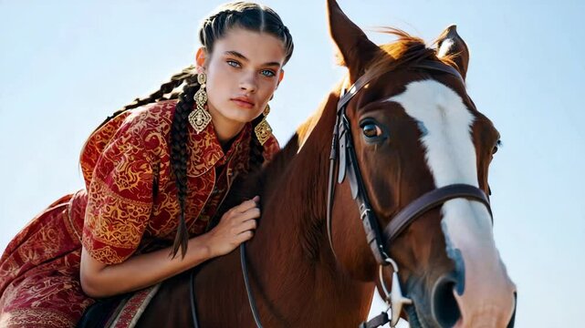 Woman in patterned dress with braided hair riding brown horse outdoors, fashion portrait with cultural and equestrian elements