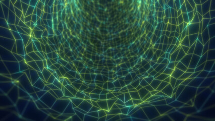 Digital green mesh tunnel on brown background, forming a fluid web of luminous geometric lines