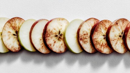 A row of thinly sliced apples, alternating red and green, shows oxidation on some slices against a bright white background