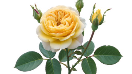 Close up of a yellow rose with buds and green leaves against a black background in soft lighting