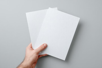 A hand holds two blank, white rectangular papers against a grey background.  The papers are slightly offset, suggesting brochures or flyers