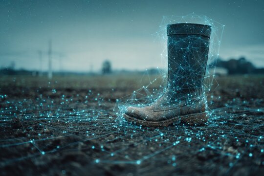 A weathered work boot in a field, partially enveloped by a digital network, suggesting technological integration in agriculture
