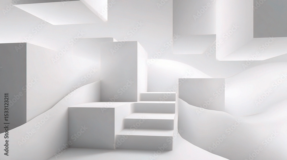 Poster abstract 3d white scene with floating rectangles and stairs