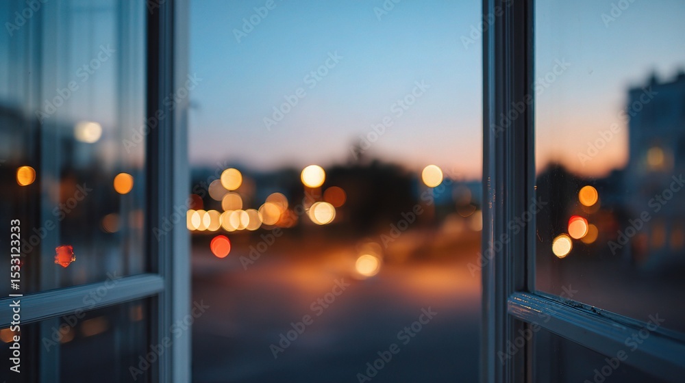 Poster blurred view through a window at twilight with soft background lights