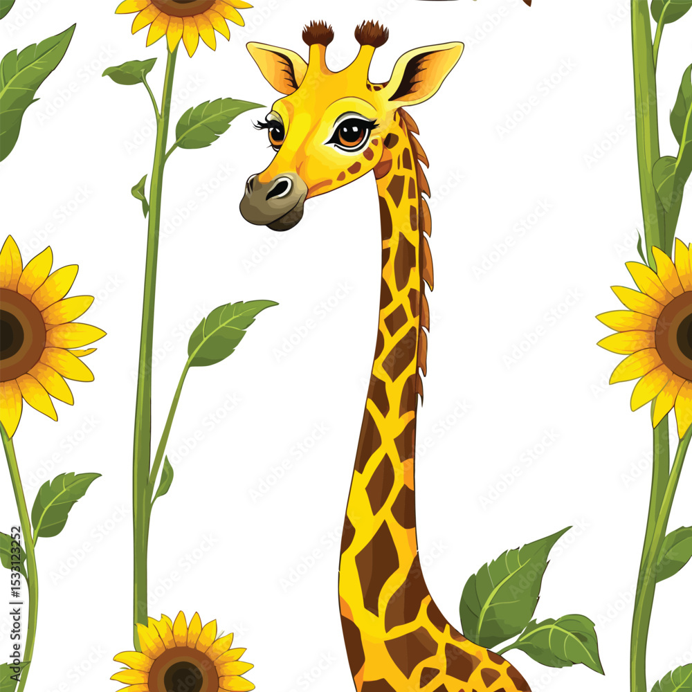 Poster charming giraffe and sunflower cartoon vector pattern for fabric and design projects featuring vibra
