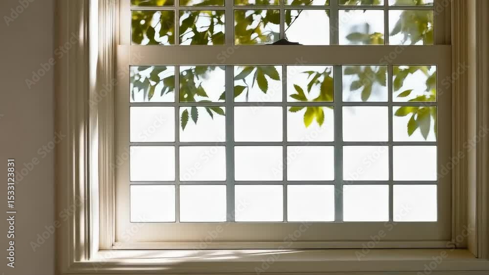 Poster rectangular window with decorative moldings and exterior view of branches and foliage, creating brig